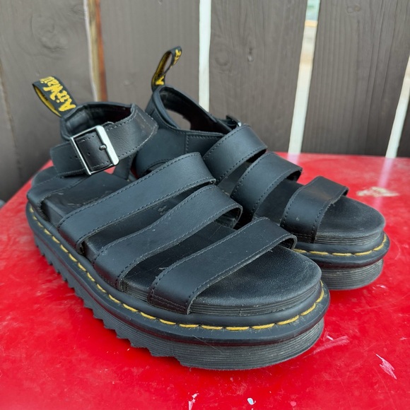 Dr. Martens Blaire Black Leather Platform Sandals Buckle Strap Women's
